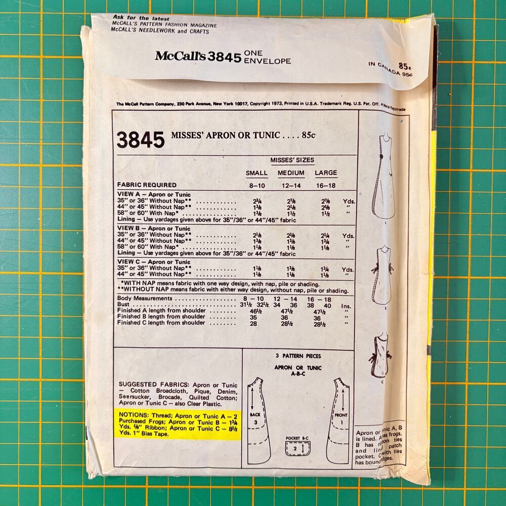 Vtg McCall's 3845 Kitchen Workshop Apron Tunic Three Lengths Pockets 8-18 FF/UC - Picture 4 of 4